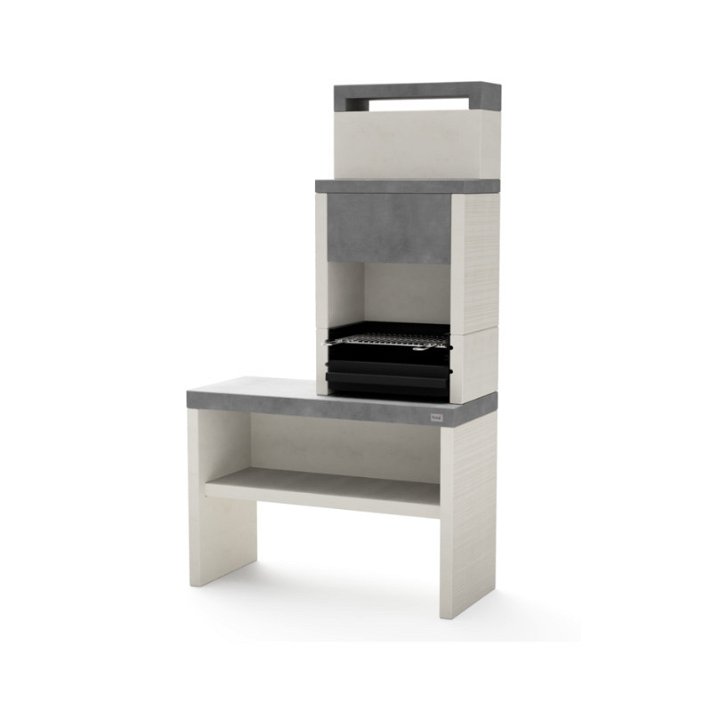 Built-in barbecue with bench and chimney made of concrete with white and grey Plan II finish Movelar