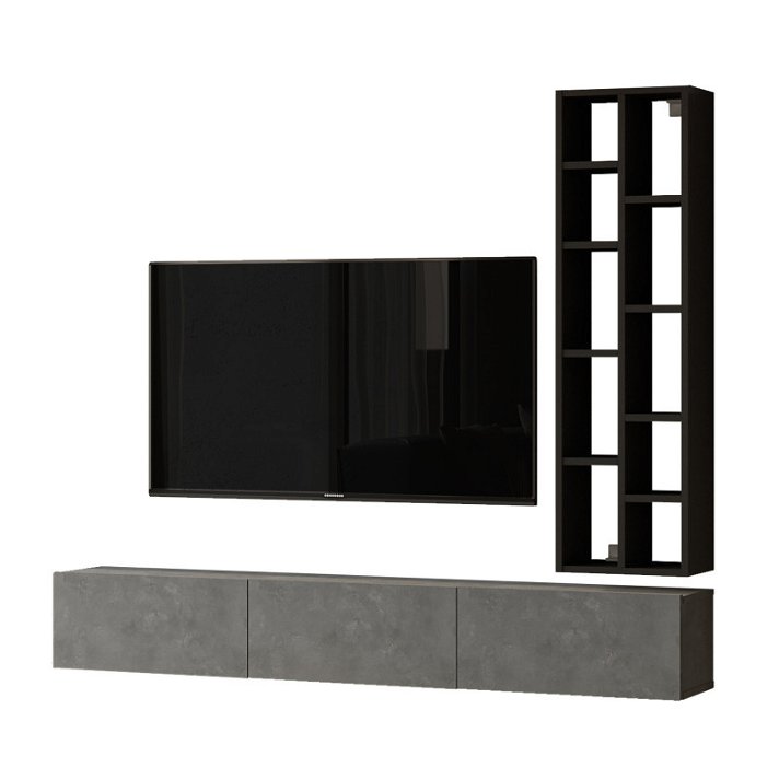 Mueble de TV de melamina con biblioteca de pared en acabado color negro y gris cemento LV9 Forme