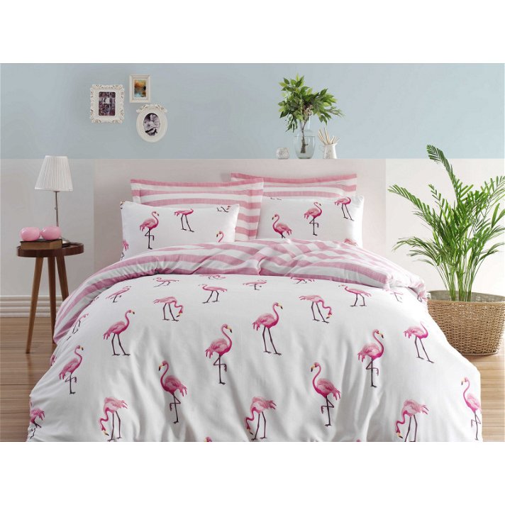 Housse de couette en coton et polyester avec motif de flamant rose et blanc Maylin Forme