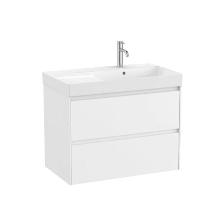 Mueble de baño con lavabo a la derecha de 80 cm de ancho y 2 cajones en color blanco mate Unik Ona Roca