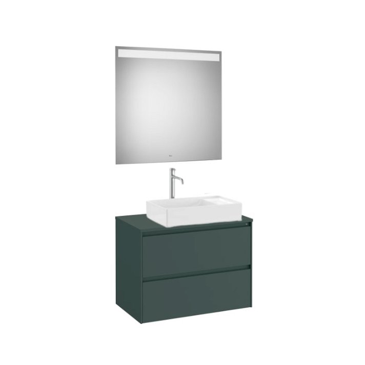 Unterschrank 80 cm in Berggrün mit 2 Schubladen und Spiegel für rechtsseitiges Waschbecken Ona von Roca