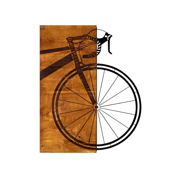 Cuadro de madera y metal con un diseño de bicicleta en acabado color marrón y negro Forme