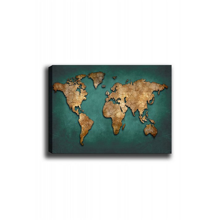 Cuadro de lienzo y marco de madera con diseño de continentes en acabado marrón y celeste Forme