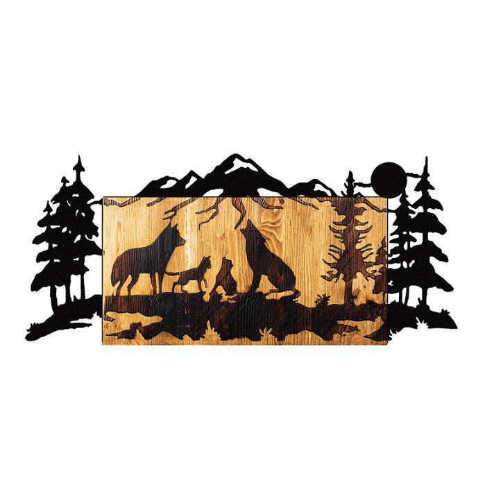 Cuadro de madera y metal con diseño de lobos en acabado color marrón y negro Forme