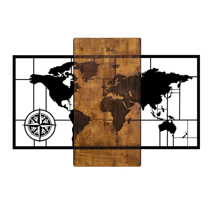 Figura decorativa de madera y metal con un diseño de mapa mundial y brújula en acabado negro y marrón Forme