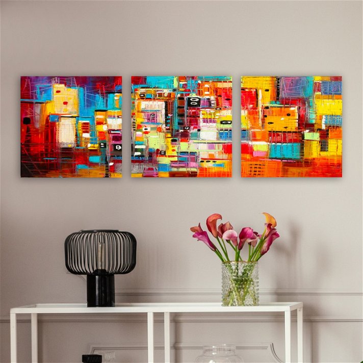 Pack de 3 cuadros abstractos multicolor con marcos de madera cuadrados 30x30 cm Forme
