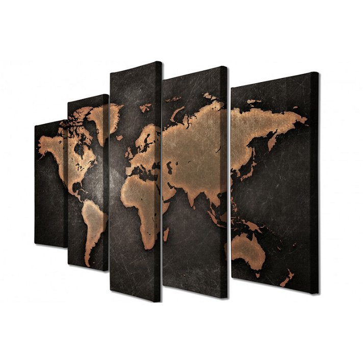 Conjunto de cinco cuadros de madera con diseño de mapa terrestre en acabado marrón Forme