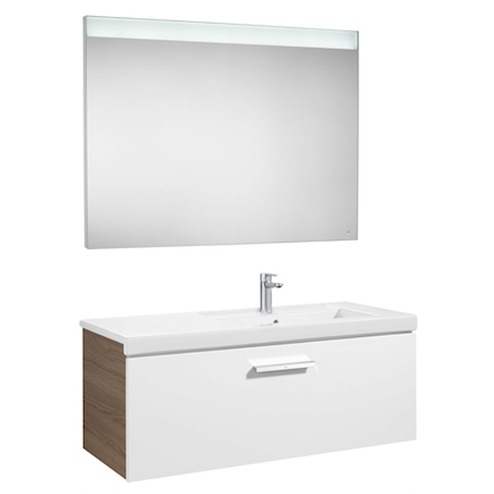 Móvel com lavatório e espelho de casa de banho de 110 cm e cor branco-fresno Pack Prisma Roca