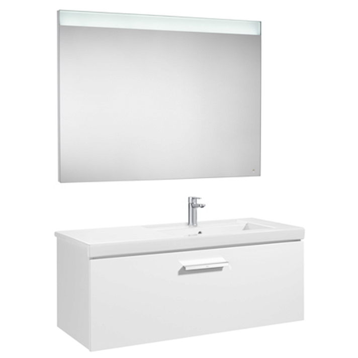Ensemble de salle de bains avec plan vasque et miroir de 110 cm blanc brillant Pack Prisma Roca