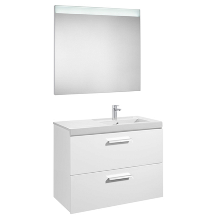 Conjunto de casa de banho de duas gavetas e lavatório direito de 90 cm branco brilhante Pack Prisma Roca