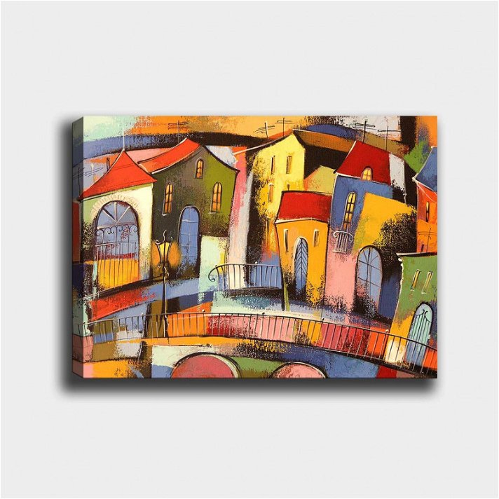 Cuadro de lienzo y madera con un diseño de muchas casas en acabado de varios colores Forme