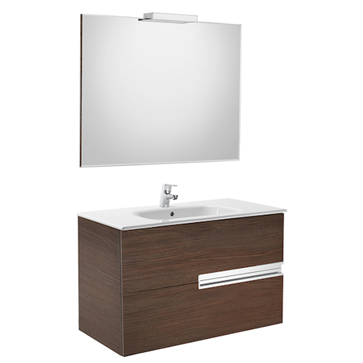 Conjunto de baño con espejo y apliques de luz de 90 cm de color wengué Victoria-N Roca