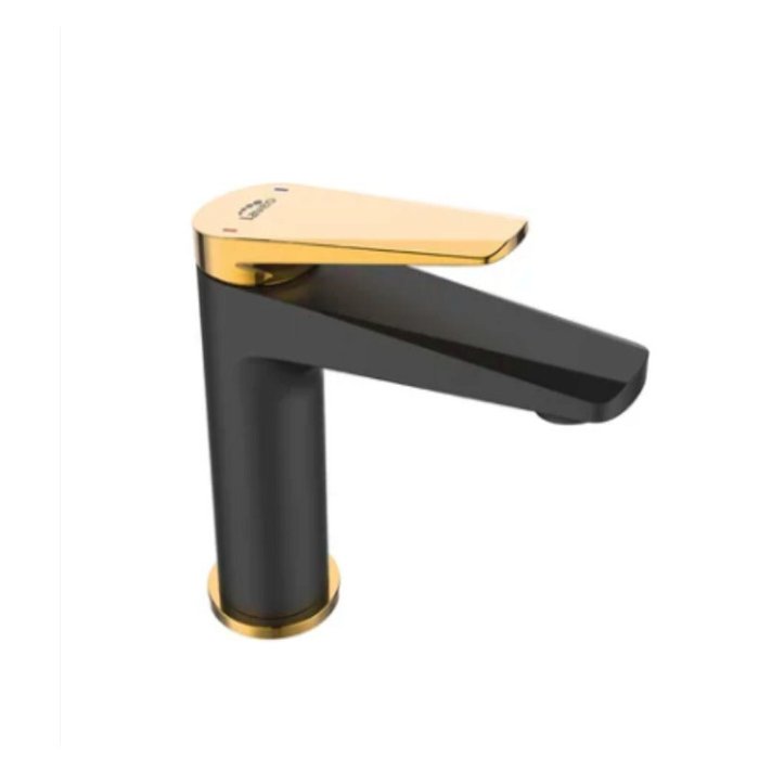 Grifo monomando para lavabo de 14,8 cm de altura con acabado en colores negro y dorado Rubio Laveo
