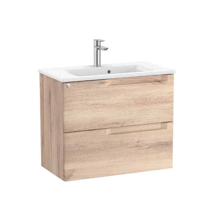 Mueble de baño de 70 cm de ancho con lavabo centrado en color beige madera Aleyda Roca