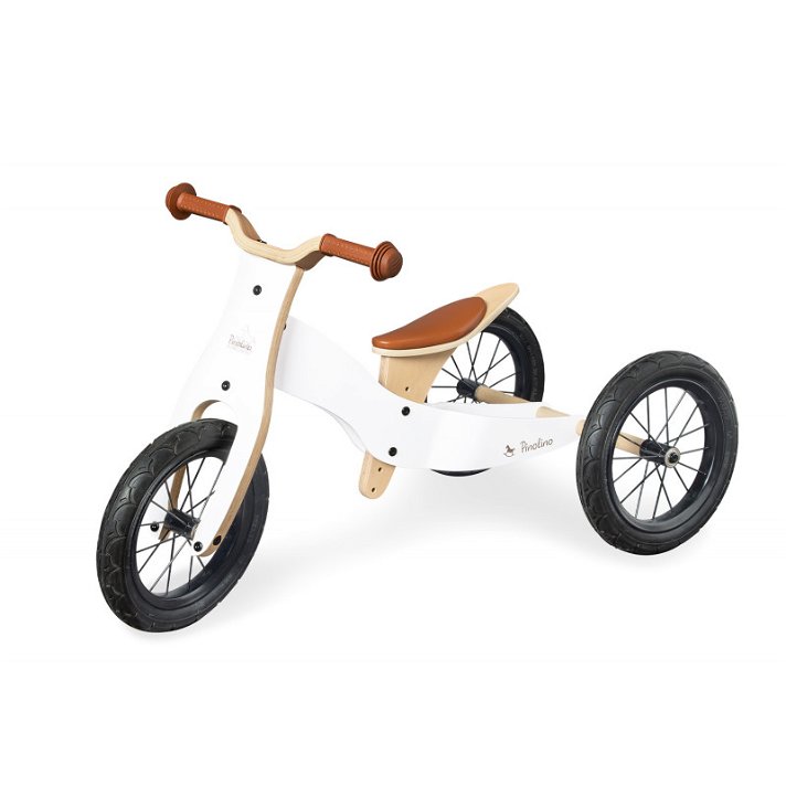 Triciclo giocattolo per bambini in legno bianco e naturale Pinolino