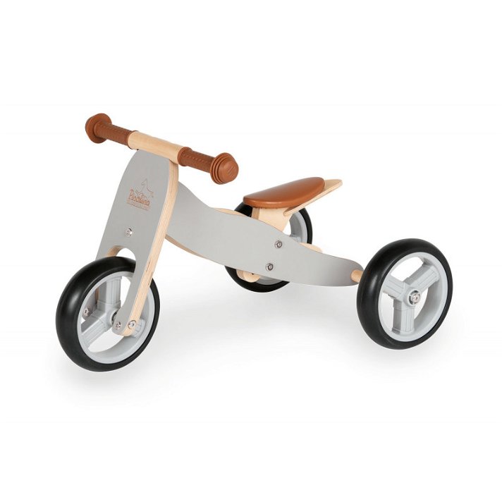 Triciclo giocattolo per bambini fabbricato in legno di betulla con finitura grigio e naturale Charlie Pinolino