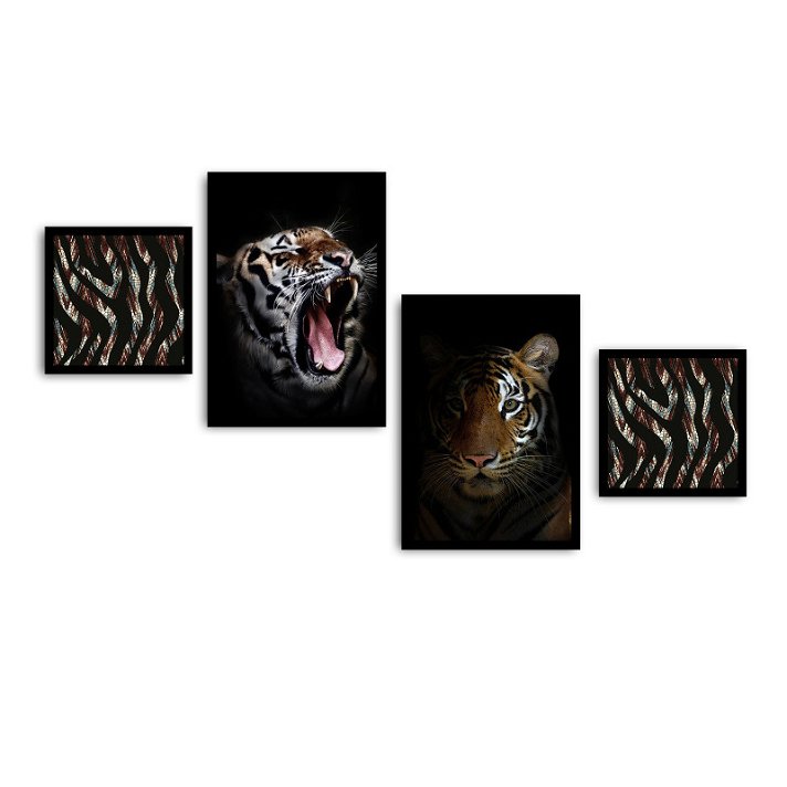 Pack de cuatro cuadros con diseño de retratos de tigres y su pelaje sobre fondo negro Forme