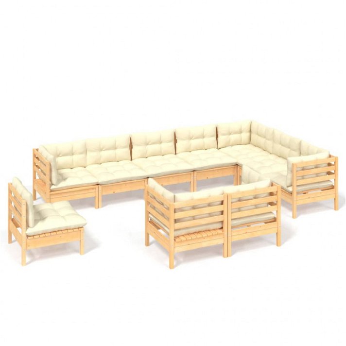 Set di divani da 10 pezzi in legno di pino naturale con cuscini di colore crema Vida XL