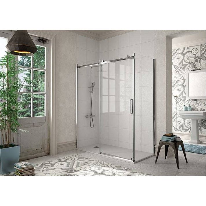 Mampara angular para ducha con una formada por dos hojas fijas y puerta corredera LI102 Kassandra