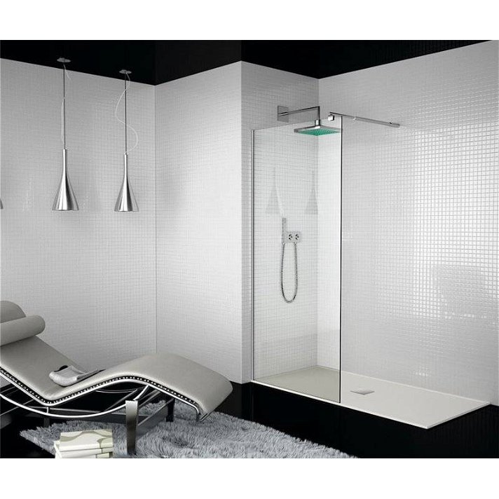 Mampara de ducha reversible formada por panel fijo frontal color plata TR003 Kassandra