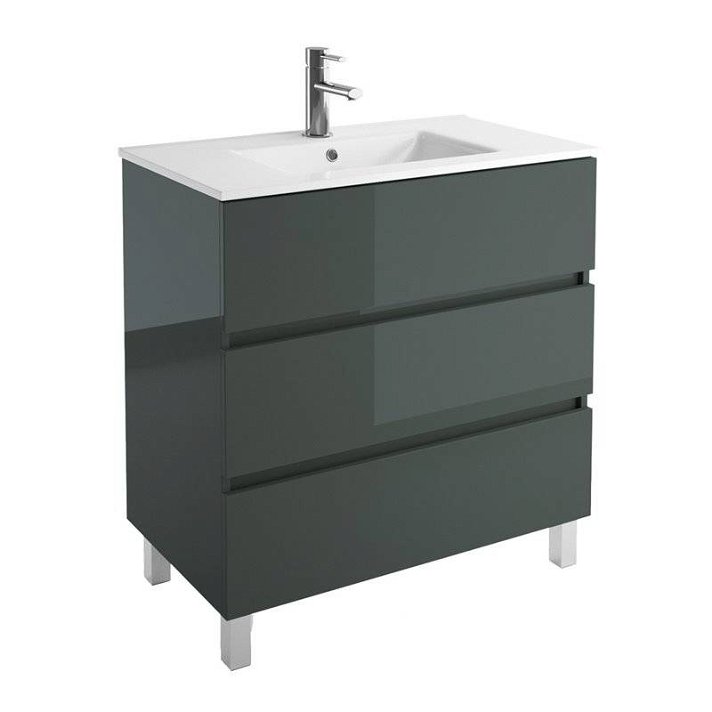 Meuble de salle de bains avec plan vasque en porcelaine et 3 tiroirs couleur gris brillant 81 cm Fussion Line Salgar