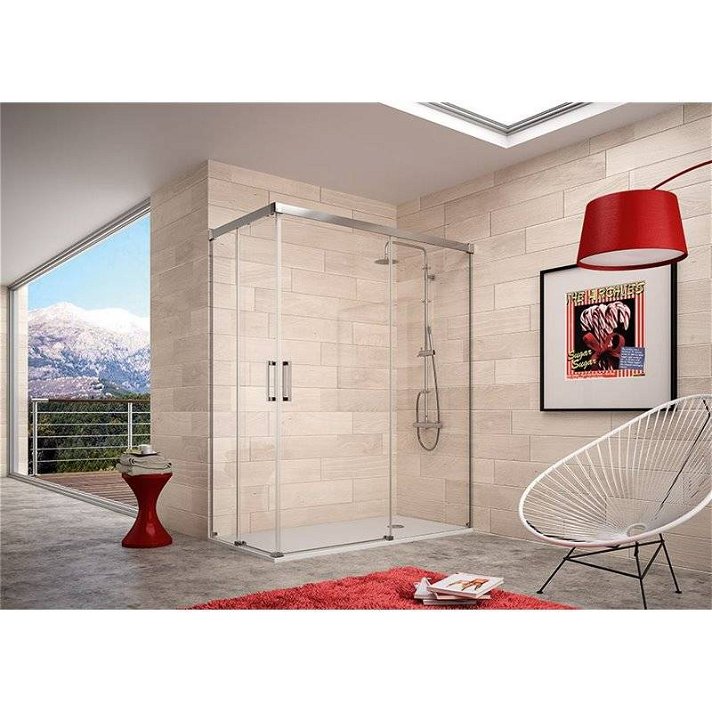 Painel de duche angular de 2 portas de correr fabricado em vidro temperado com acabamento transparente SU105 Kassandra