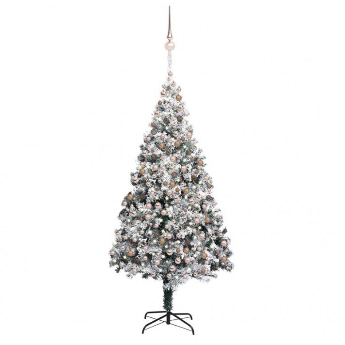 Árbol de navidad con luz LED y decoraciones verde y blanco Vida XL