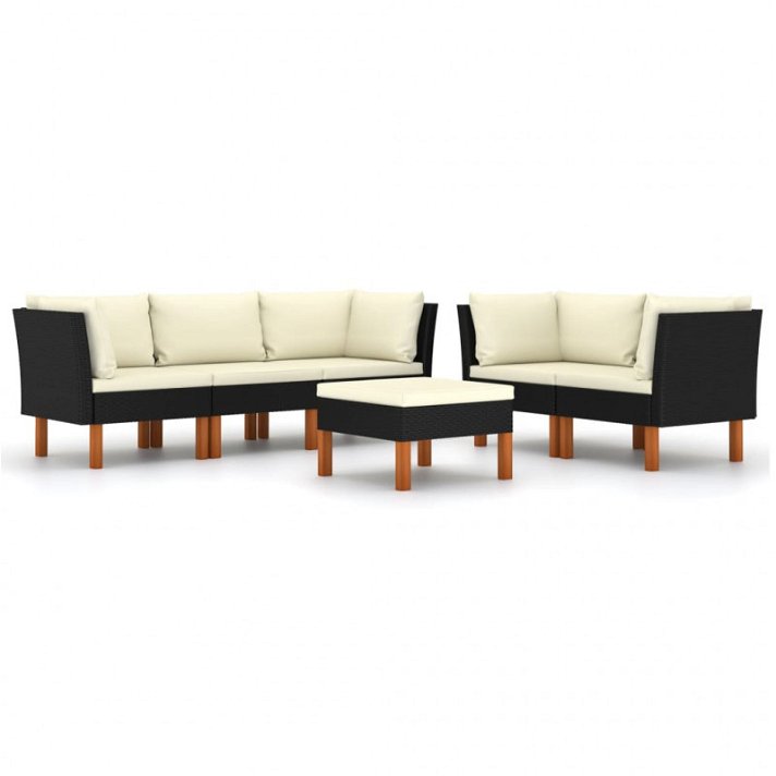 Set di divani da giardino in rattan sintetico nero e legno di eucalipto con cuscini bianco crema Vida XL