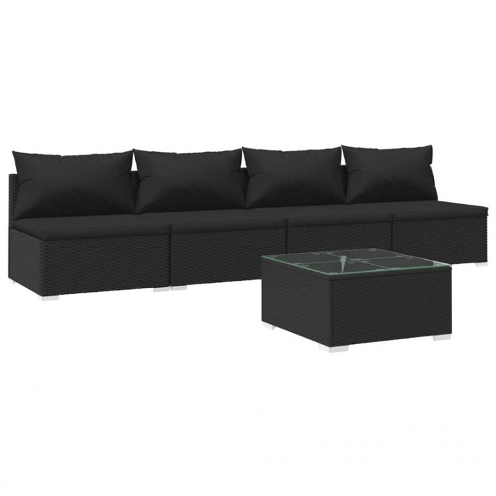 Conjunto de muebles para exterior con cojines color negro de ratán y acero VidaXL