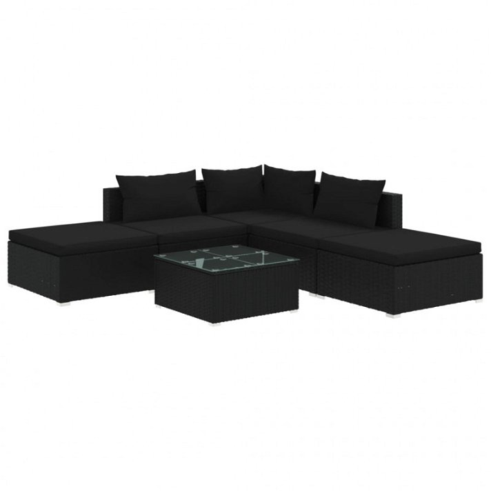 Conjunto de muebles de exterior 6 piezas de acero y ratán sintético con cojines de color negro VidaXL