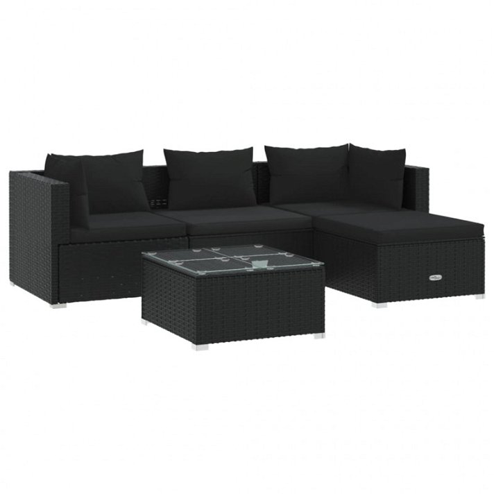 Conjunto negro de muebles de jardín de ratán sintético y vidrio con cojines Vida XL