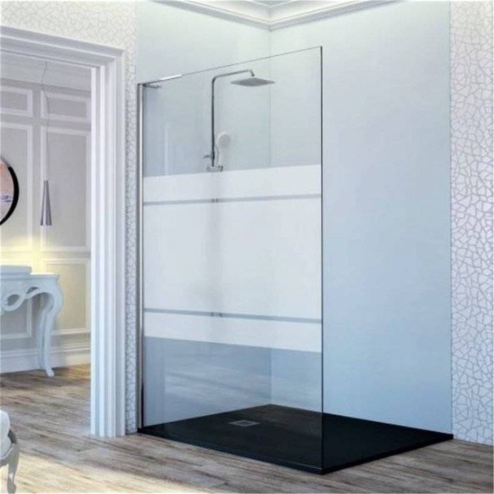 Mampara de 1 panel fijo frontal para ducha de vidrio decorado clio con perfil de plata de brillo alto Fresh Kassandra