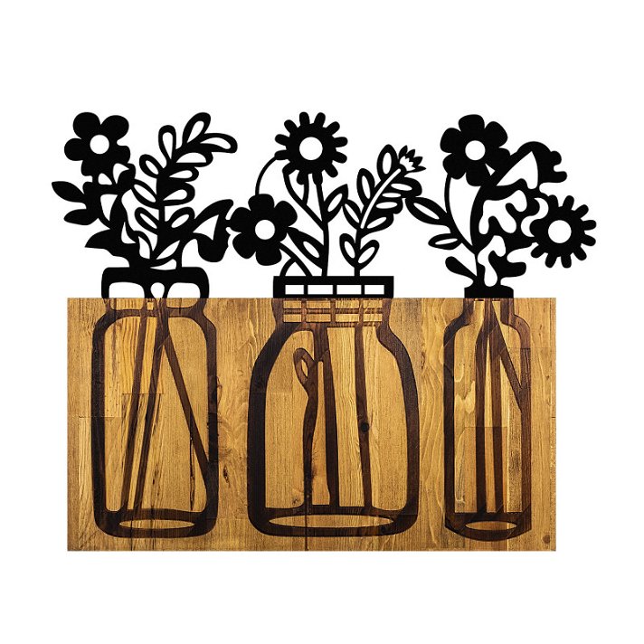 Cuadro de tres jarrones con flores hecho en madera y metal de color natural y negro Flower 5 Forme