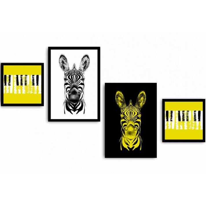 Pack de cuadros con motivo de cebras y pianos blanco negro y amarillo de MDF y marco de PVC negro Forme