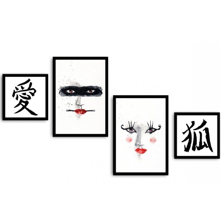 Pack de cuadros de pared estilo acuarela oriental de mujer de labios rojos de MDF y marco de PVC blanco Forme
