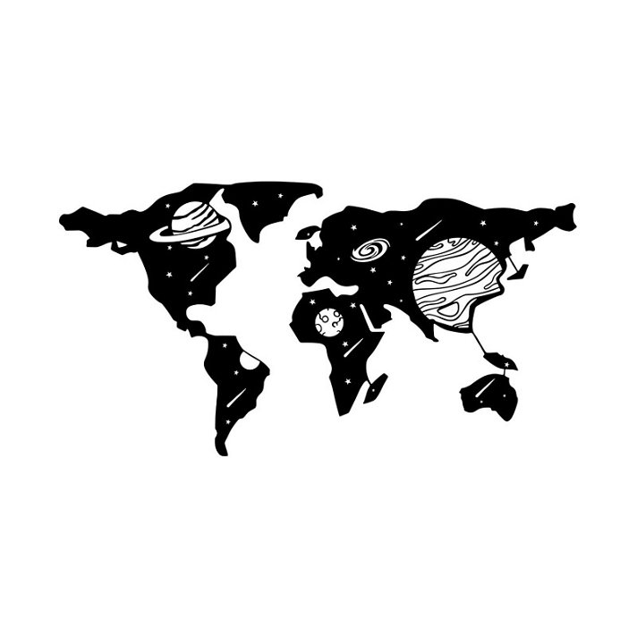 Decoración para pared de planisferio con planetas superpuestos hecho de metal negro World Map Forme