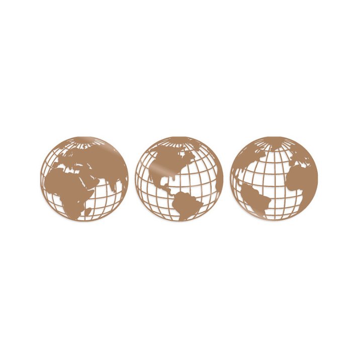 Pack de tres decoraciones de pared de globos terráqueos con varios ángulos hechos en metal color bronce World Map Forme