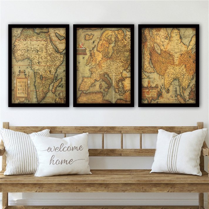 Conjunto de 3 cuadros de mapa antiguo en tonos tierra con marco negro 35x45 cm Forme
