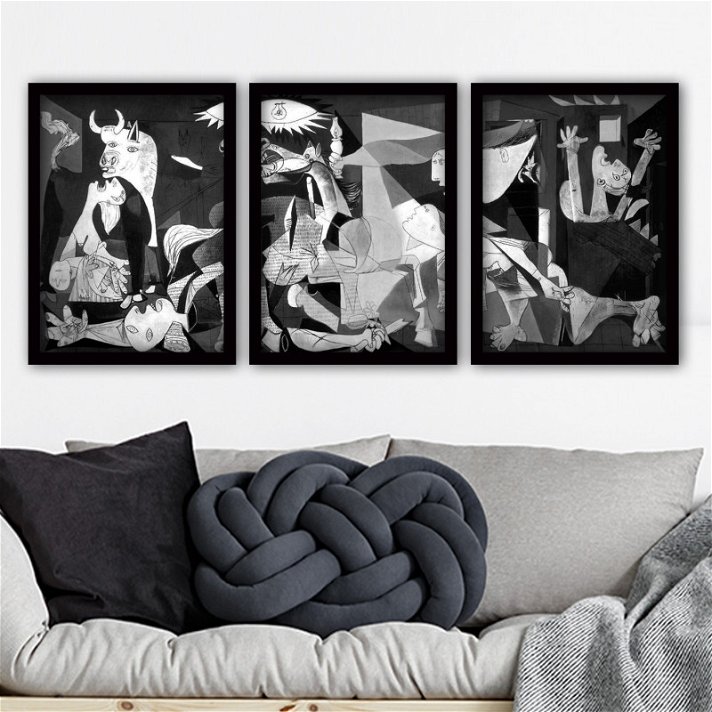Conjunto de 3 cuadros trípticos del Guernica de Pablo Picasso en blanco y negro 35x45 cm Forme