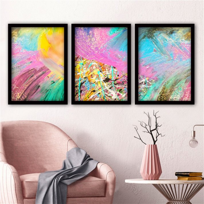 Conjunto de 3 cuadros abstractos multicolor con marco negro de madera 35x45 cm Forme