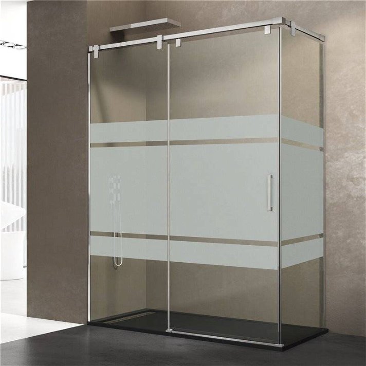 Painel de duche angular com painel de correr de vidro serigrafado e acessórios em aço inoxidável FUTURA GME