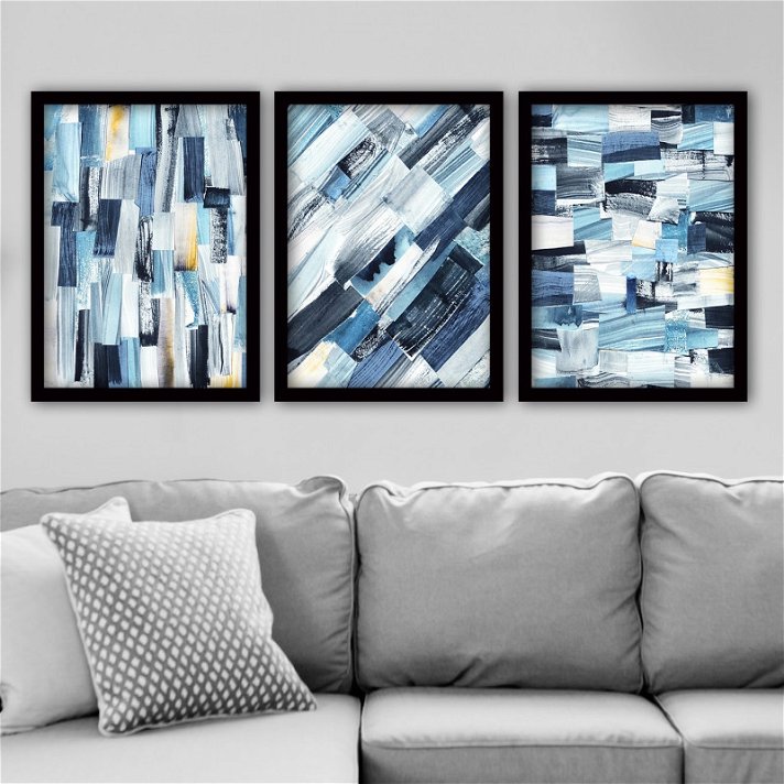 Conjunto de 3 cuadros abstractos de pinceladas azules con marco negro de madera Forme
