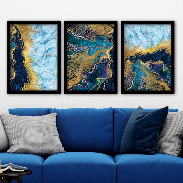 Conjunto de 3 cuadros abstractos en tonos de azul y dorado con marco negro de madera 35x45 cm Forme