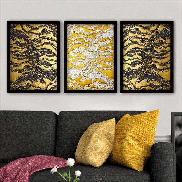 Conjunto de 3 cuadros abstractos de franjas doradas con marco negro de madera 35x45 cm Forme
