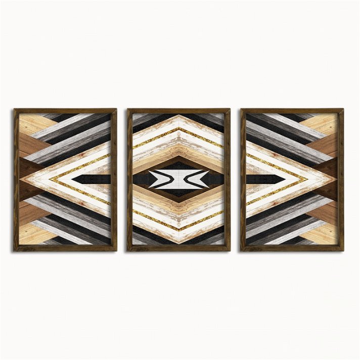 Conjunto de 3 cuadros con diseño geométrico en madera de 50x70x3.5 cm marrón y amarilo Forme
