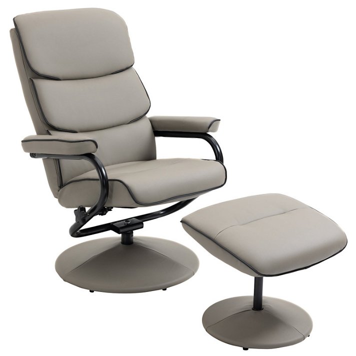 Silla tipo sillón reclinable y giratoria con reposapiés tapizada en cuero sintético gris Homcom