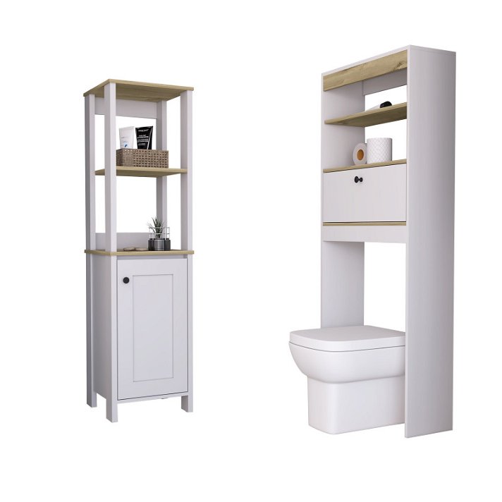 Conjunto de baño de mueble de columna de una puerta y estantería de pie sobre inodoro Malaga TuHome