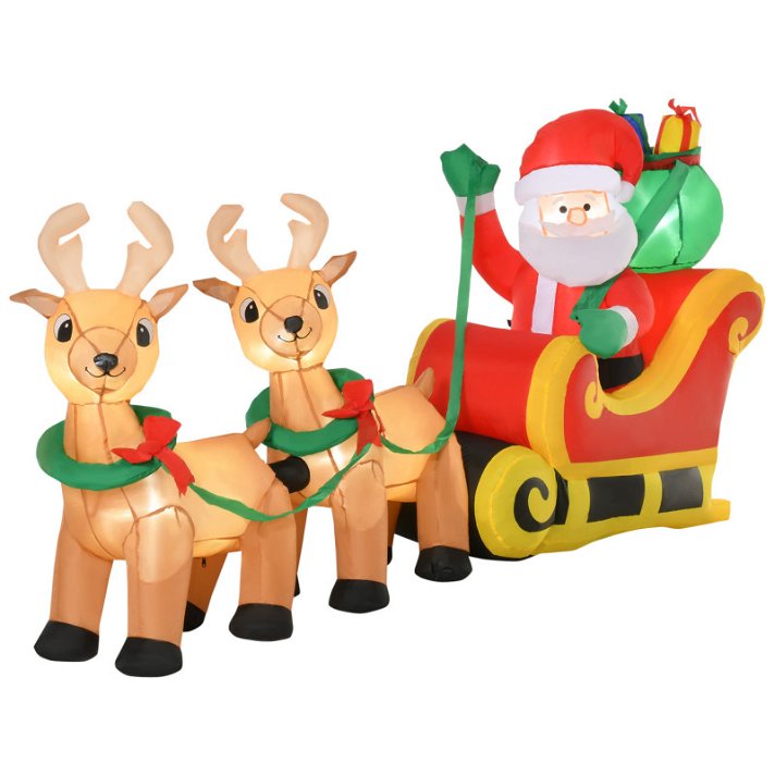 Papá Noel con trineo y renos auto hinchable con luces LED para exterior o interior rojo Homcom
