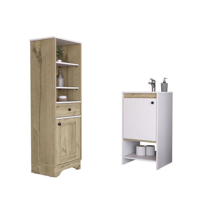 Set de baño de mueble de columna de una puerta y un cajón más mueble de pie con lavamanos blanco y duna Malaga TuHome