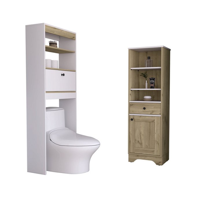 Conjunto de baño de mueble columna de una puerta y un cajón más una estanteria sobre inodoro Malaga TuHome